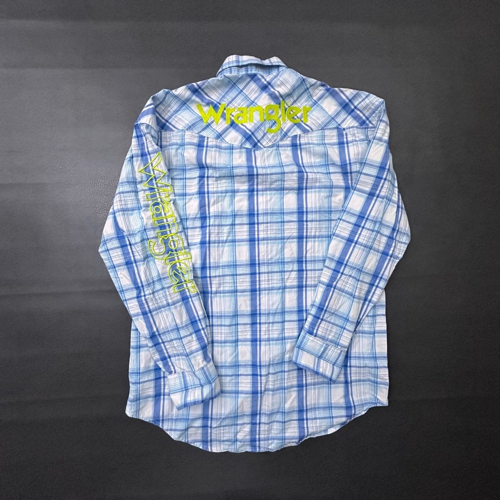 Wrangler Pearl Snap Shirt Mens Medium Blue Retro Spellout Rodeo Cowboy Ranchhand